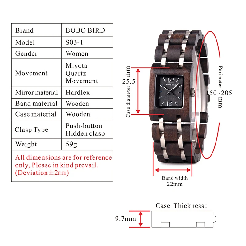 25 мм квадратный циферблат БОБО птица женский часы дамы древесины кварцевые наручные часы для подруги подарки в коробке L-S03