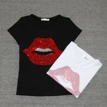 Весна лето женская футболка сексуальные губы печатные стразы хлопок короткий рукав женские футболки mujer