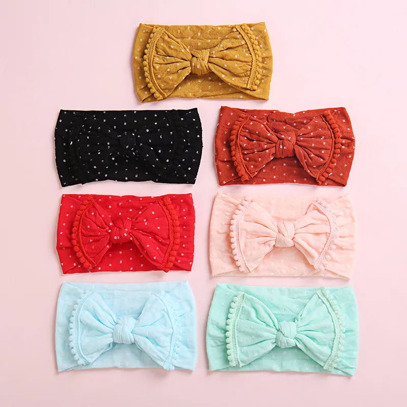 

20pcs/lot Dot Prints Wide Nylon Headbands Princess Girls Pompom Trims Bows Turban Head Wraps One Size Fit Most Hair Accessories