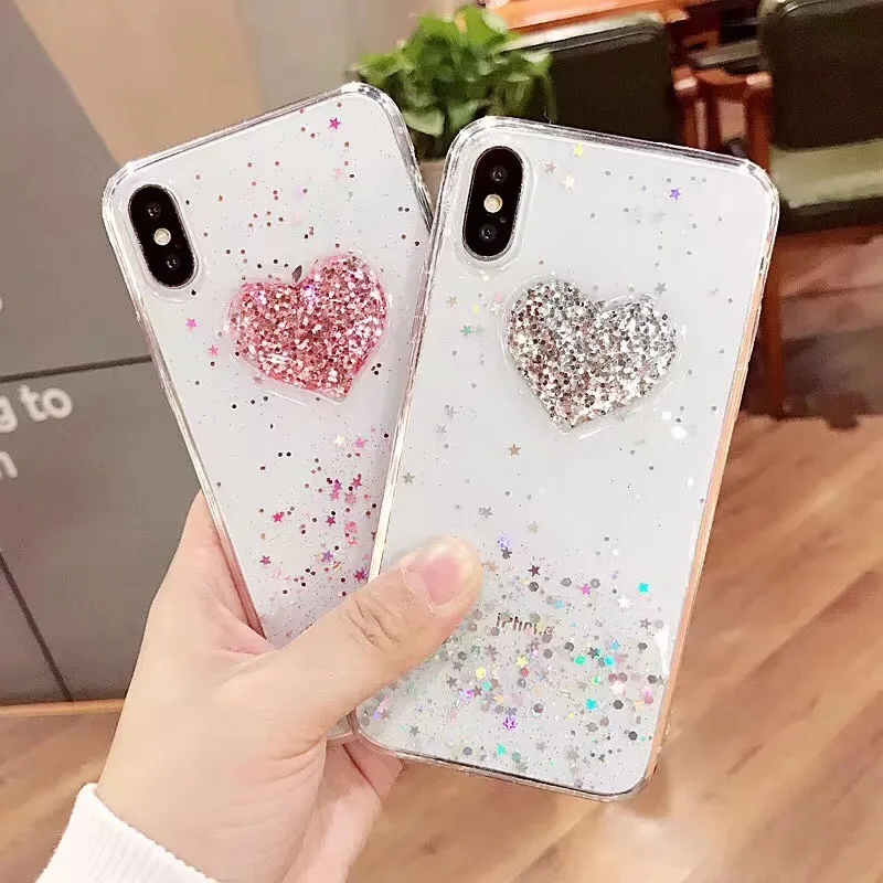 Ultra-thin transparent Heart-shaped tpu phone Case for iphone6 6s 7 8plus Glitter Cover iPhoneX |