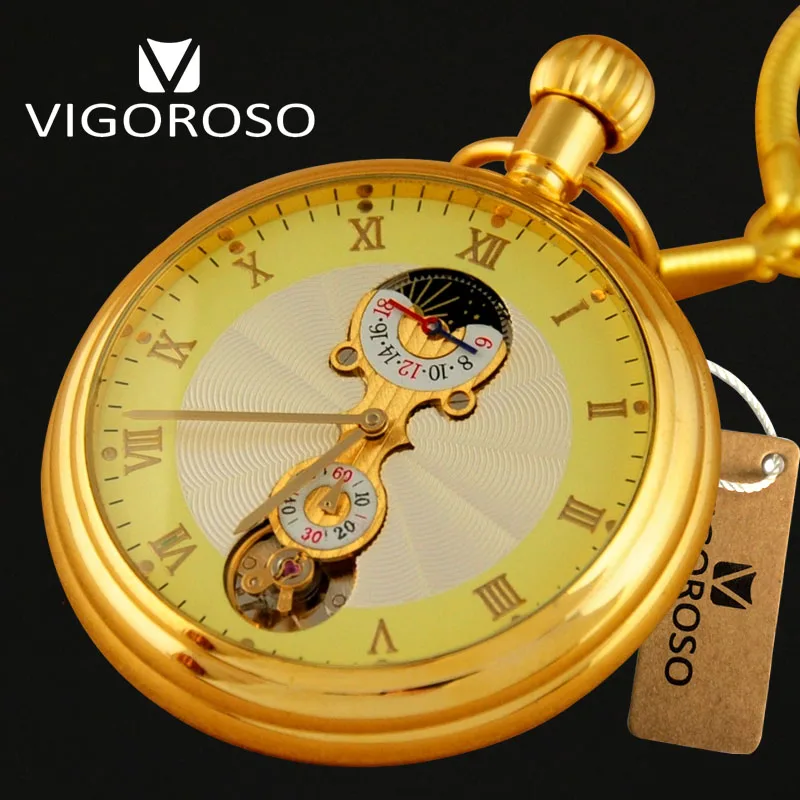 

VIGOROSO Brand Luxury Antique Gold Full Steel Moon Phase 12/24 Hours Mechanical Hand wind Pocket Watch FOB Chain Pendant Watch