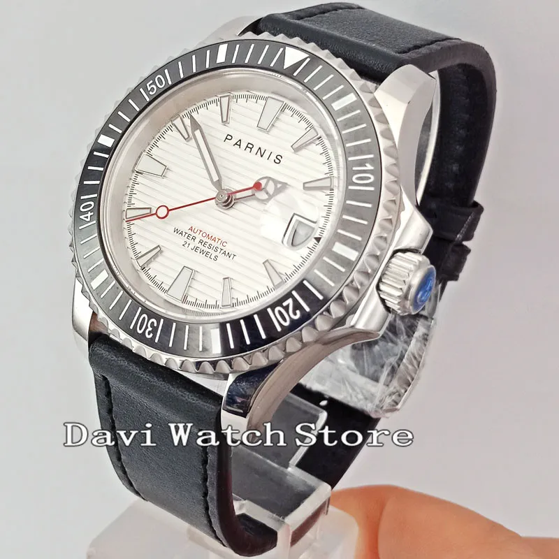 

41mm White Dial Black Ceramic bezel Leather Band Automatic Mens Watch 2631