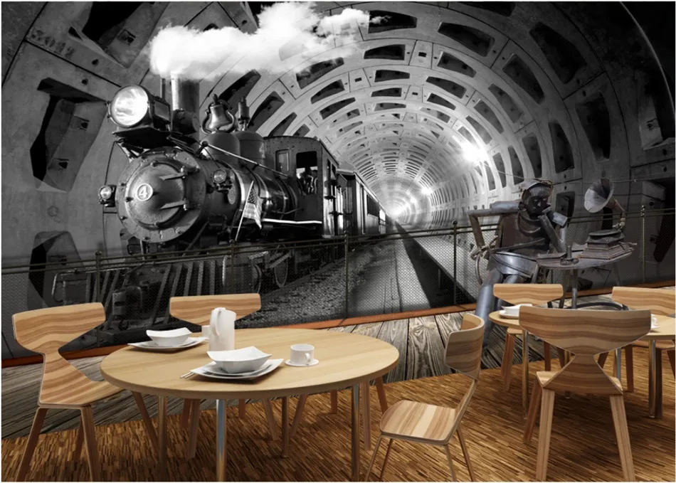 Европейский ретро Ностальгический туннель поезд серые обои на стену 3D Ресторан Кафе-бар ktv обои Papel де Parede 3D