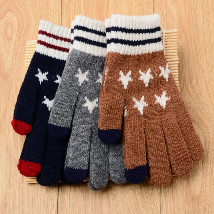 Новые Вязаные перчатки для взрослых мужчин женщин и женщин, перчатки для девочек мальчиков с сенсорным экраном, модные зимние перчатки с милыми звездами, 2MZ12