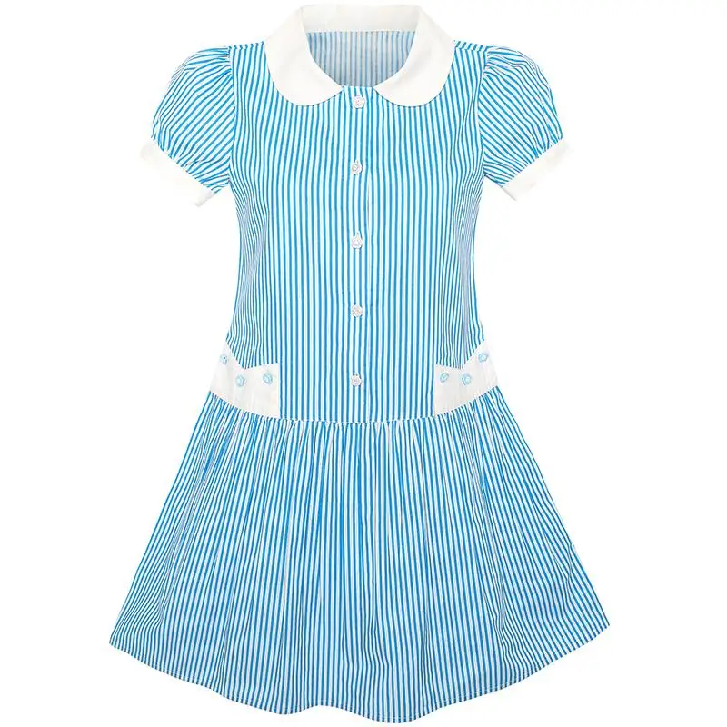 

Girls Dress Blue White stripe Collar School Uniform Short Sleeve Cotton 2018 Summer Princess Wedding Party Dresses Size 5-12