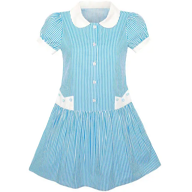 Girls Dress Blue White stripe Collar School Uniform Short Sleeve Cotton