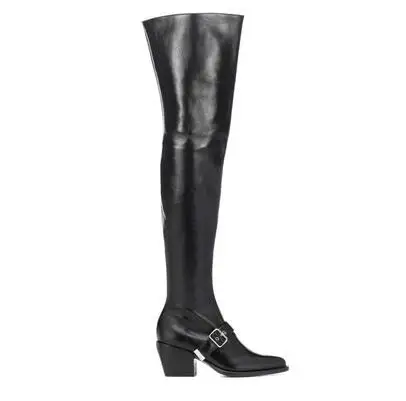 Prova Perfetto/высококачественные женские ботфорты выше колена с острым носком на толстом каблуке; Boats Mujer; высокие сапоги до бедра с ремешком и пряжкой; размеры 34-44 - Цвет: Black