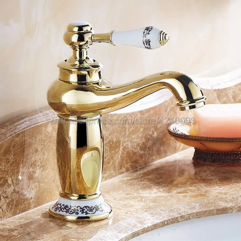 Basin Faucets Gold finish Bathroom Faucet Ceramic Single handle Basin Mixer Tap Bath Brass Sink Water Tap Knf501