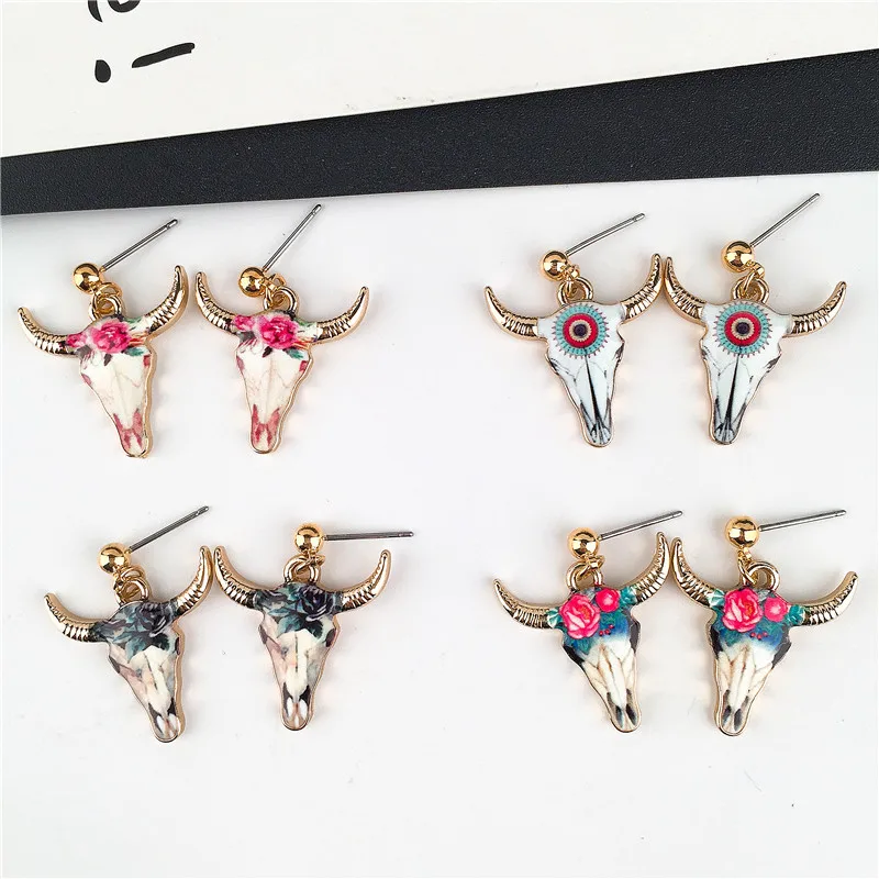 

4 Color New 2019 bull head with horns dangle drop trendy earrings enamel animal summer jewelry women's earrings for party gifts