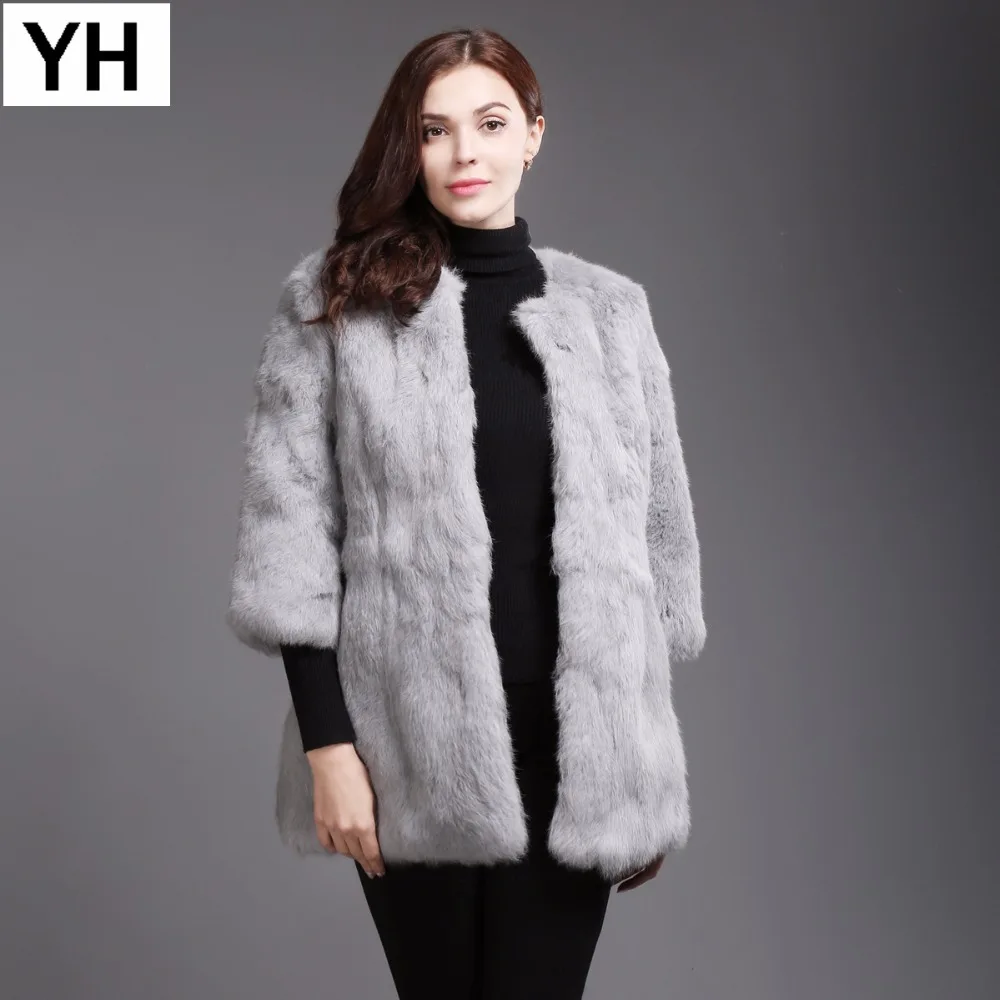 Fashion Women Real Natural Rabbit Fur Coat Long Style Rabbit Fur Jacket