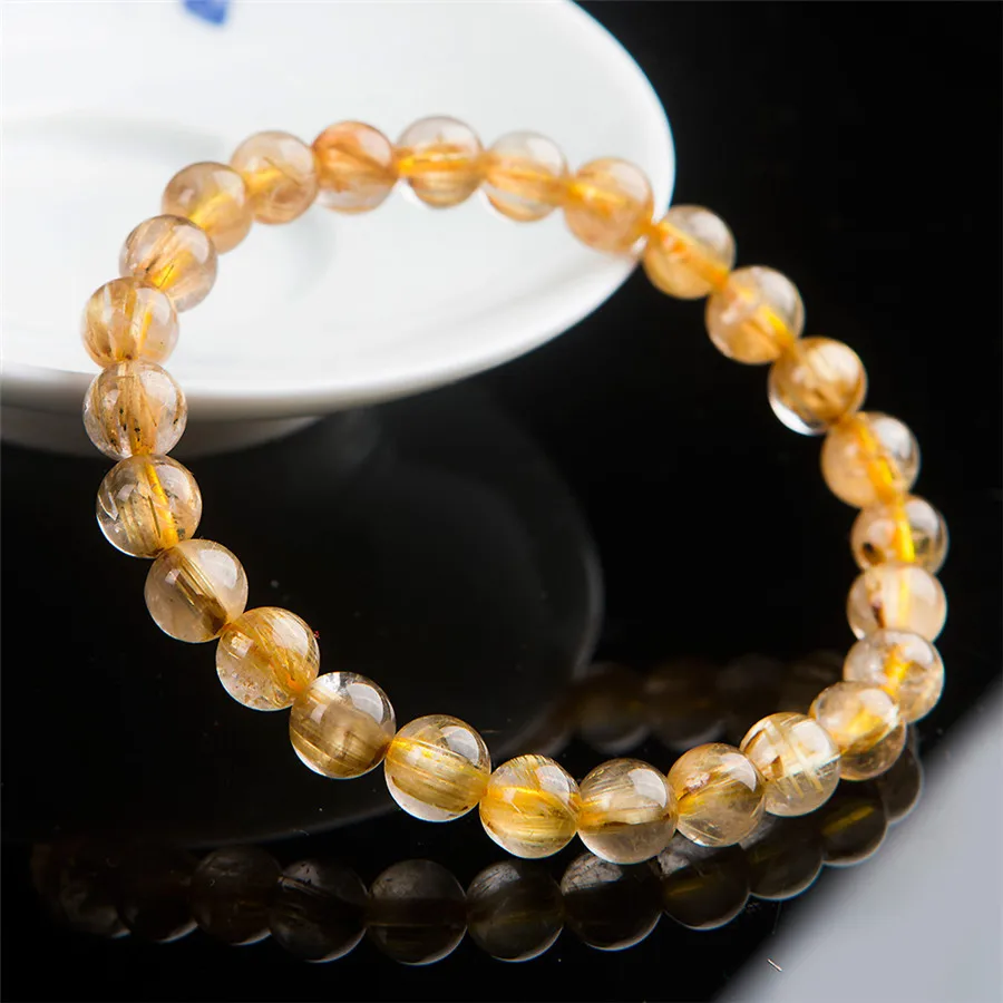 

Free Shipping Fashion Charm Bracelet Femme Women Stretch Natural Titanium Gold Rutilated Quartz Crystal Round Bead Bracelet