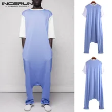 INCERUN Fashion Men Jumpsuit Half Sleeve Patchwork Drop Crotch Romper O Neck Men Pants Hip-hop Baggy Men Overalls Plus Size