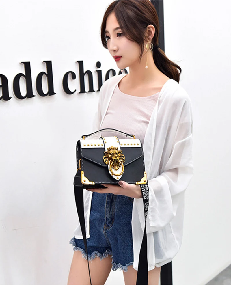 Fashion Women Handbag Lion Head Lock Small Square Pack Crossbody Shoulder Feamle Tote Bags Ladies Casual Rivet Wallet SS0419 (3)