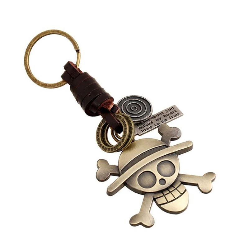 

11 Styles 5*4CM Japanese Anime One Piece Keychain Metal Pirates Skull Pendant Keyring For Teenager Men Cowhide Leather Key Chain