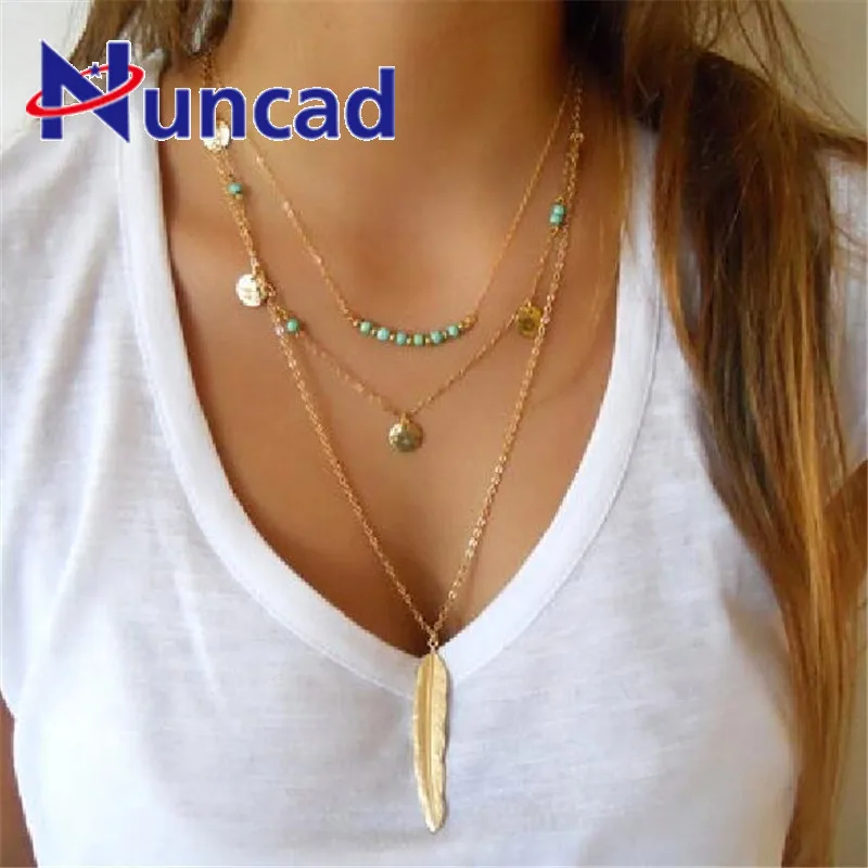 

Handmade Multilayer Jewelry Simple Beads Sequins Necklace Gold Silver Color Long Leaf Pendant Necklace Jewelry