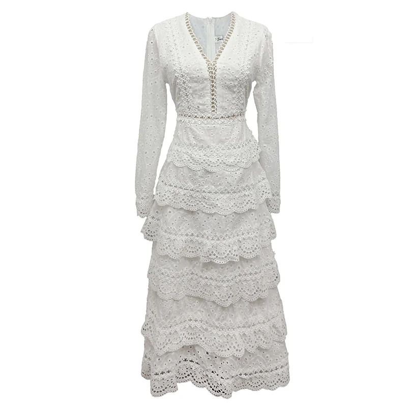YOSIMI 2018 Summer Maxi Hollow Out Elegant Lace Long Women Dress Full Sleeve Dress V-neck Evening Party Slim Fairy Ankle-Length