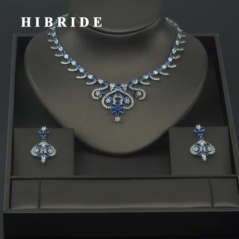 

HIBRIDE Wholesale Dubai Jewelry Sets 5 Colors Available Flower Cubic Zirconia Necklace Earring Sets For Bridal Party Gifts N-301