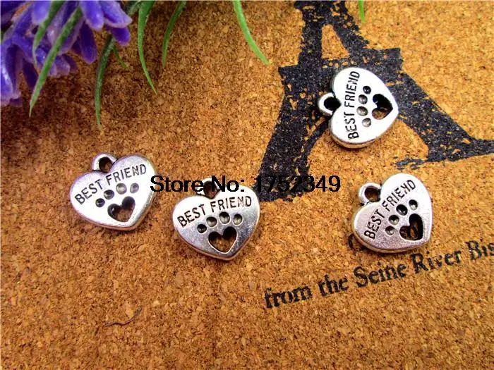 

20pcs--Best Friend Charms, Antique silver Tone with Heart Dog Paw charm pendants 15x15mm