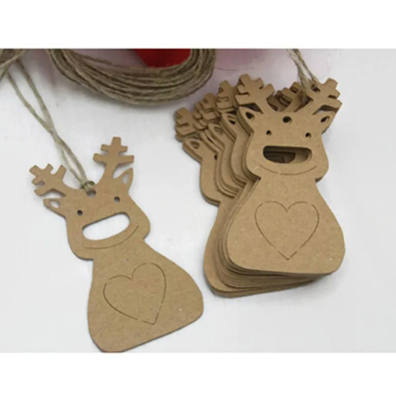 

Creative 100pcs Christmas Hanging Tag With Hemp Rope Kraft Paper Decor Present Gift Labels Deer Pattern
