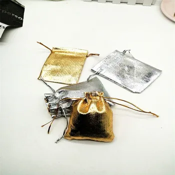 

100pcs 7x9cm 9x12cm 10x15cm Gold/Silver Color Shining Metallic Foil Organza bag Jewelry Packing Drawstring Wedding Gift pouches