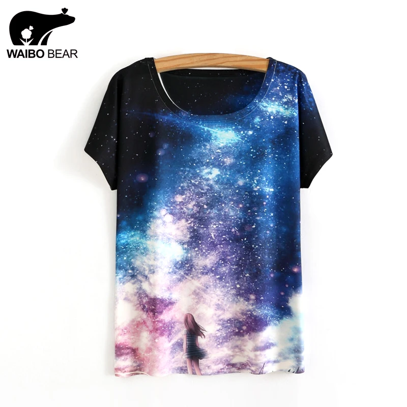 

Women 2017 T Shirt Galaxy Space Pretty Girl 3D Print Casual Tops Short Sleeve Cute Funny Tees Basic Shirt Camisas WAIBO BEAR