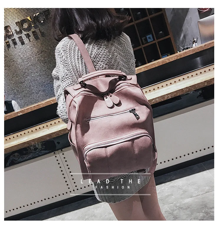 Brand Vintage Leather Backpack for Women British high quality Backpack Feminina Casual black pink grey khaki 2018 stylish backpacks for laptops