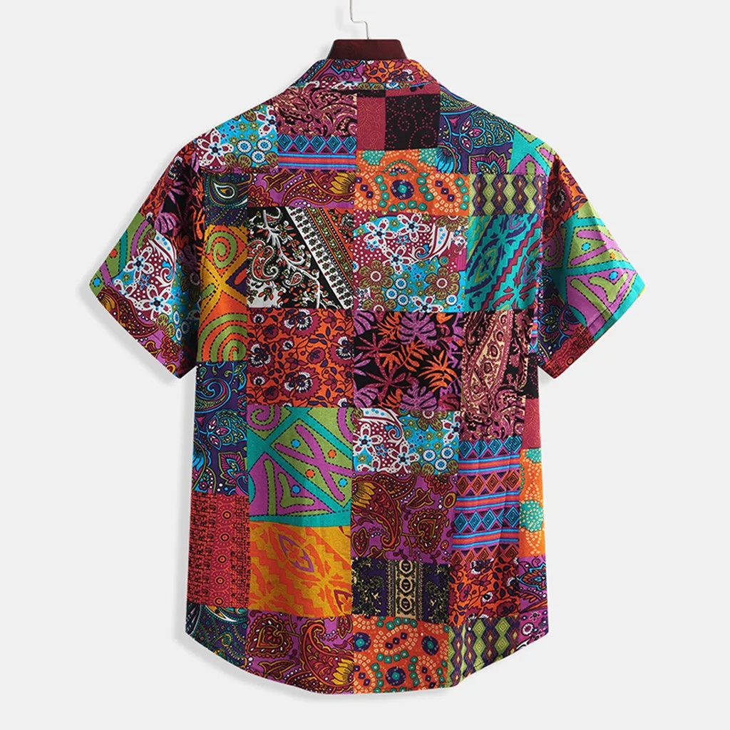 Mens Shirt chemise Summer Ethnic Short Sleeve Shirt Casual Cotton Linen Printing Hawaiian Shirt Men Blouse camisas masculina NEW