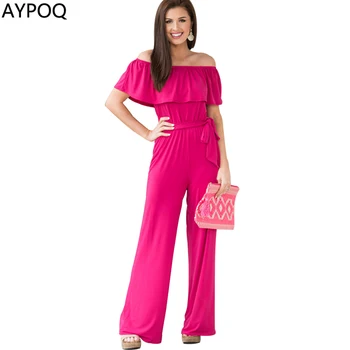 

Women Cotton Slash Neck Women Clubwear Casua Party Jumpsuit Sexy Ruffles Bandage Playsuits Wide Leg Pants Overalls Black RoseRed
