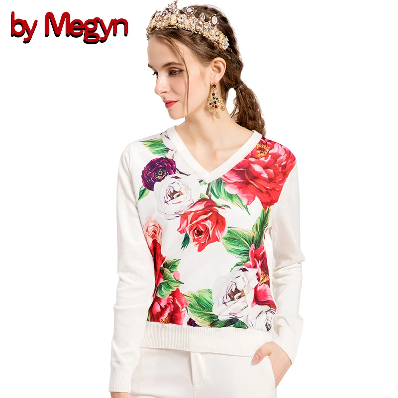 

by Megyn women pullover sweater 2019 autumn winter sweaters women sexy v-neck floral rose print fashion casual sweater jumper