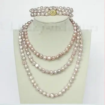 

Free shipping Wholesale price +++length 49" 8" 8-9mm baroque purple pearls necklace 2row bracelet set j8473 $30%