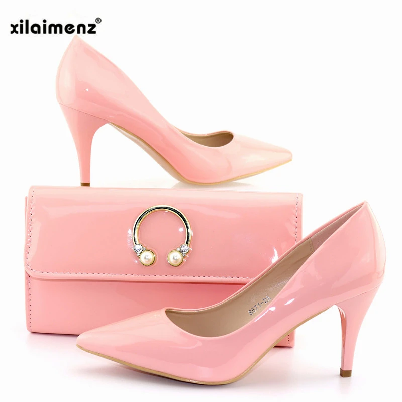 Fashion Pure Color Pink Italian Ladies Shoe and Bag Set with Metal ...