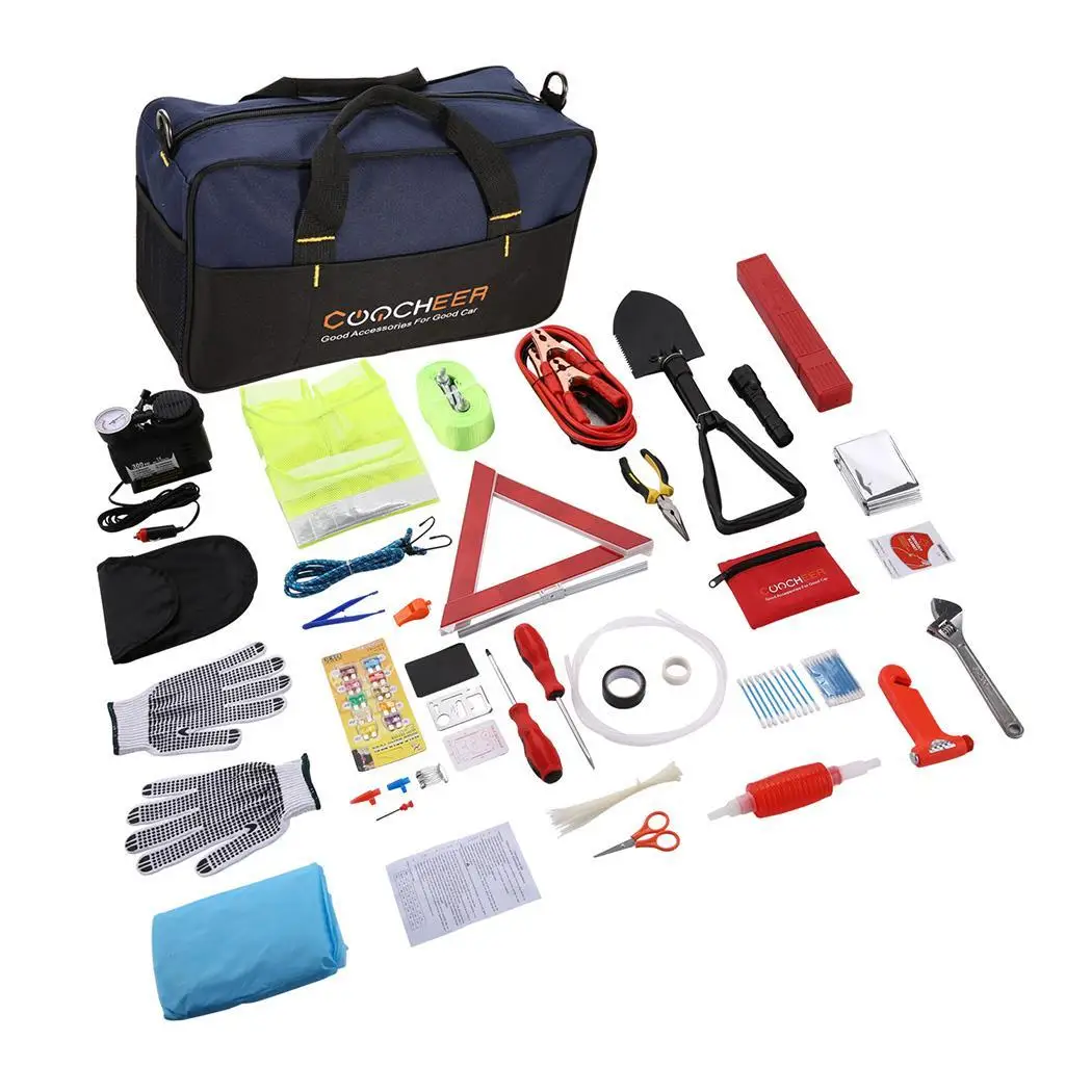 Roadside Emergency Kit For Cars - 66 Pcs With Jumper Cables, Tow Rope, Tire Repair, First Aid, Tools & Bag