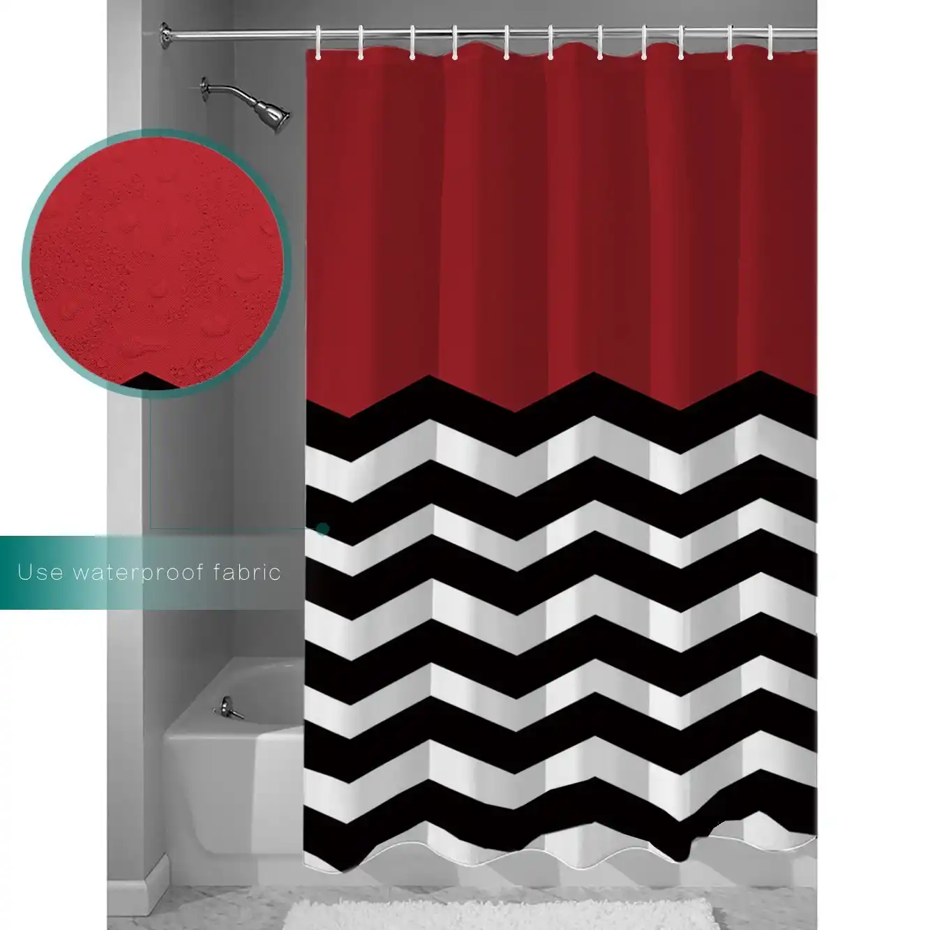 Chevron Waterproof Polyester Fabric Shower Curtain Red White Black