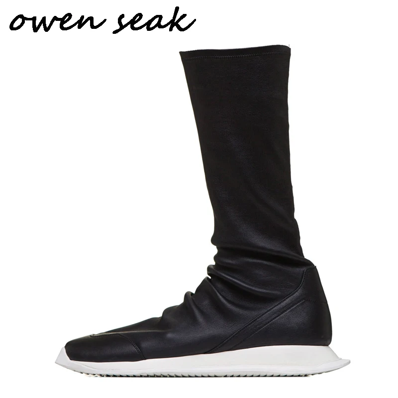 

Owen Seak Men Shoes Knee High Boots Sheepskin Leather Luxury Trainers Autumn Sock Boots Casual Flats Man Shoes Black Sneakers