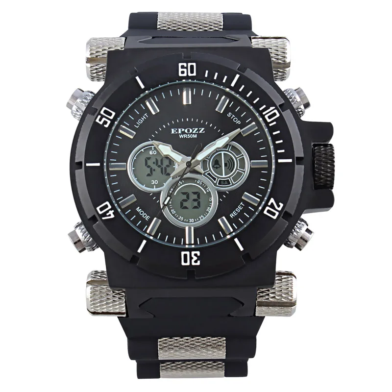 EPOZZ Мужские кварцевые часы с большим циферблатом, военные спортивные мужские часы в стиле панк, светодиодный дисплей, резиновый ремешок, Relogio Masculino, водонепроницаемые - Цвет: black