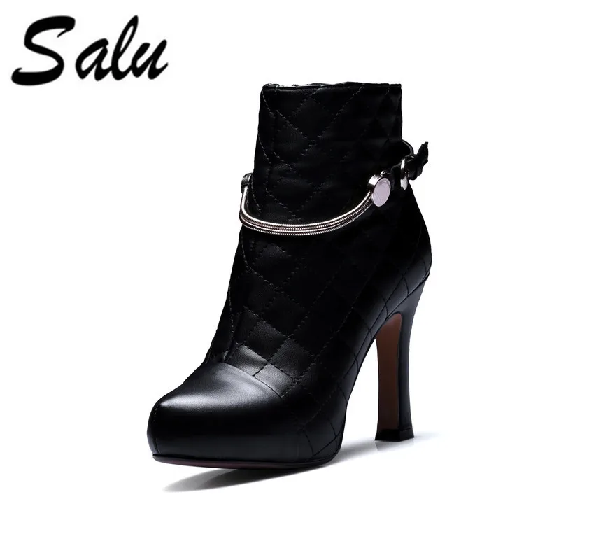 

Salu Sexy Women Boots Genuine Leather Winter High Heels Ankle Boots Shoes Women Fall Ladies Short Boots NEW Zip Big Size