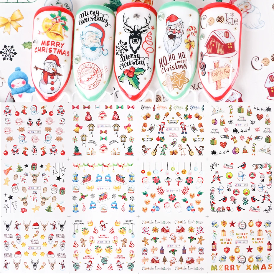 12 вариантов дизайна, рождественский стиль, милый стикер для ногтей, переводные наклейки для воды, слайдер, сделай сам, украшение для ногтей, трафареты для маникюра, LEBN1009-1020