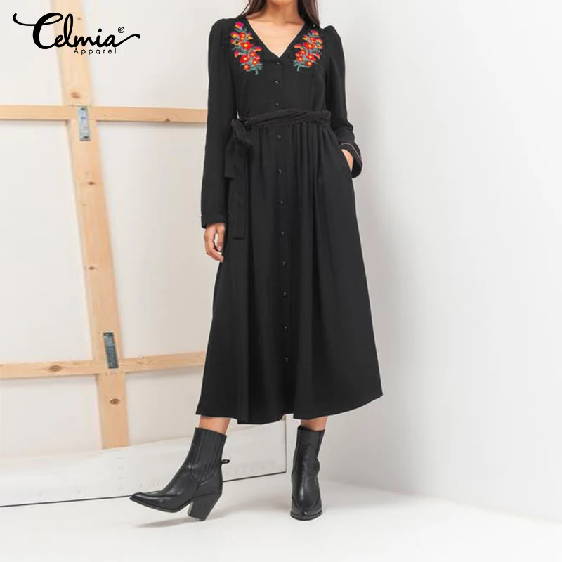 

2019 Celmia Vintage Women Floral Print Long Dress Belt Long Sleeve Casual Loose Button V Neck Pleated Shirt Vestidos Kaftan 5XL
