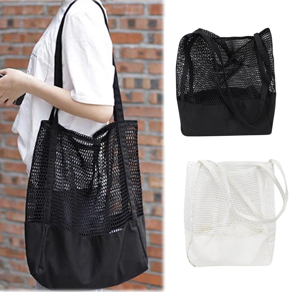 

New Pattern Korean Grid Handbag Mesh Hollow Out Sandy Beach Package Canvas Single Shoulder Woman Bag
