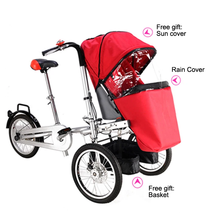 Top Whole set sell Folding Bike Pushchair+ 1 Shopping Basket 16" inch Baby Stroller 3 Wheels Mother Bike Convertible Stroller 3 in 1 3