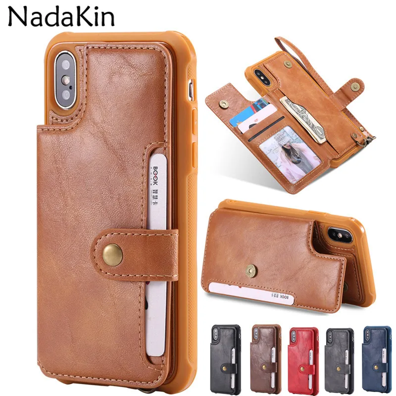 

Wallet Leather Case for iPhone 6 6S 7 8 Plus X Half Wrapped Back Cover Card Money Photo Slots Holder Strap Magnetic Button