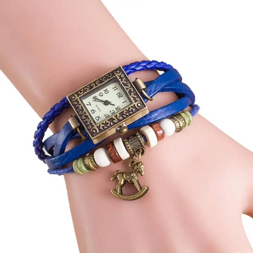 Модные женские часы, браслеты, женские кварцевые часы с кожаным плетением, троянский браслет, элегантные женские часы, relogio Feminino saat - Цвет: Blue