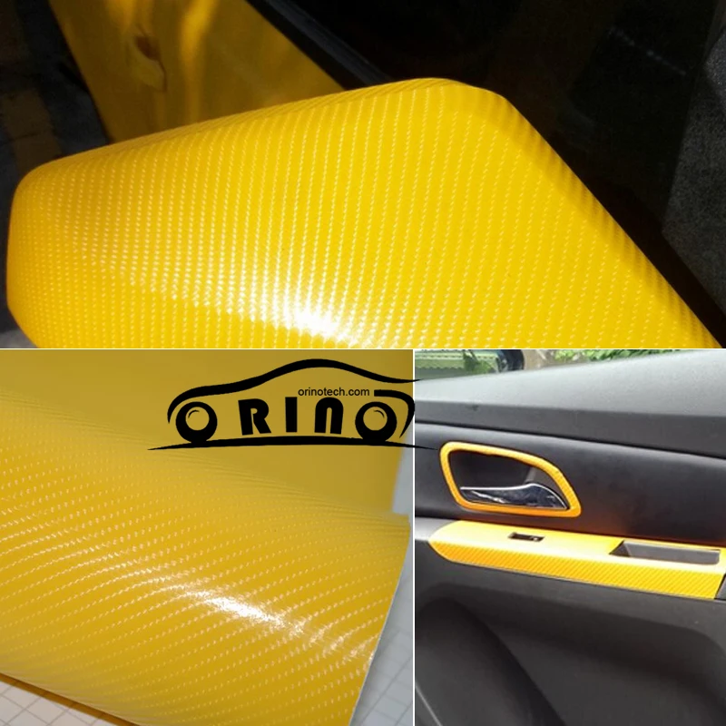 1.52*30m/Roll Yellow 4D Carbon Fiber Vinyl For Car Wrap With Air Channels Carbonfiber Sticker