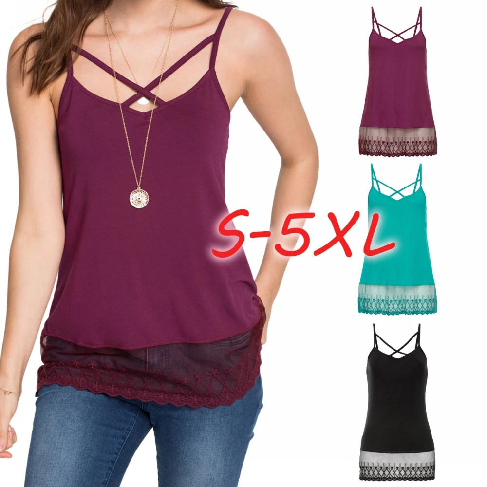 

FT1166 Women's Summer Cross Strap Camis Transparent Lace Hem Patchwork Backless Straps Long Section T-shirt Tops S-5XL 2 pcs/lot