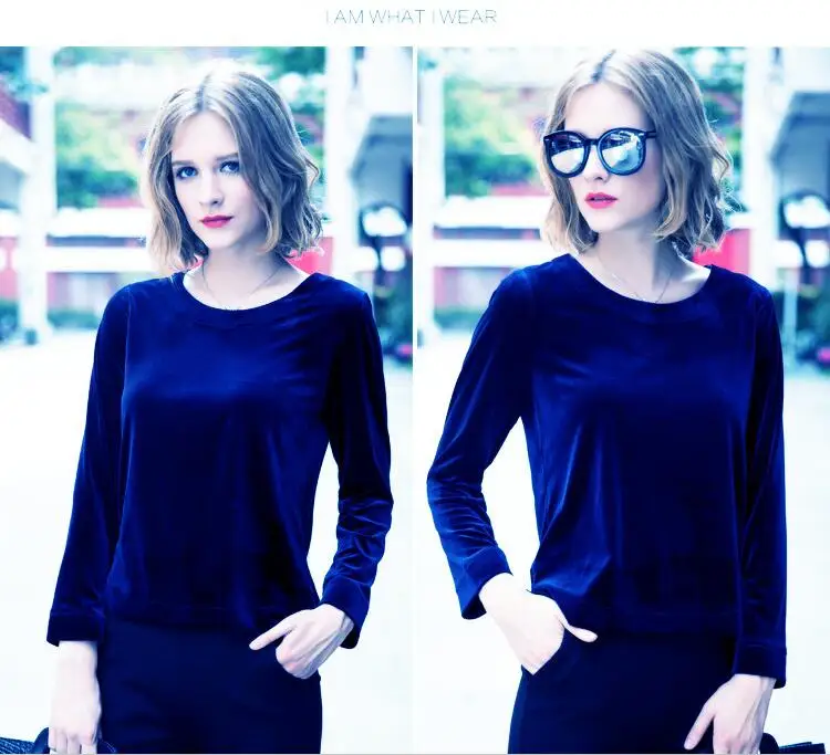 Fashion Women velvet shirt ,New Spring Autumn O-neck long sleeve Velvet blouse ,black blue velour striped sweater