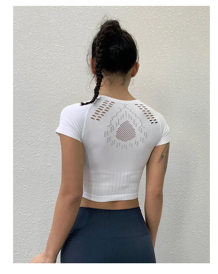 Бесшовные рубашки для йоги дышащие женские открытые сетчатые кроп-топы тройники с коротким рукавом спортивные футболки одежда для спортзала и тренировок спортивная одежда