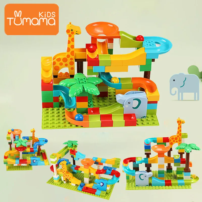 

Tumama 91-143PCS Marble Race Run Maze Ball Track Building Blocks Funnel Slide Jungle Adventure Big Size Building Brick