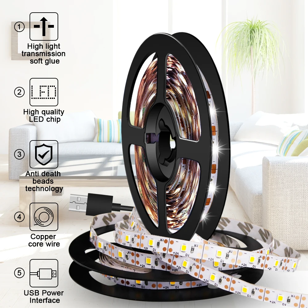 

USB Led Strip Lamp 2835SMD DC5V Flexible LED Light Tape Ribbon Ceiling Cabinet Light Desktop Decor Screen TV Background Lighting