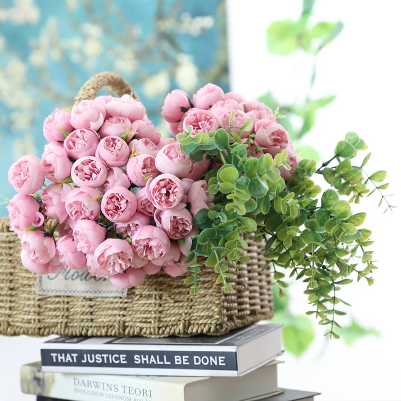 27 голов чайная роза, искусственный Шелковый букет цветов, украшение для дома, отеля, стола, искусственный цветок, Свадебный букет невесты, цветочный букет