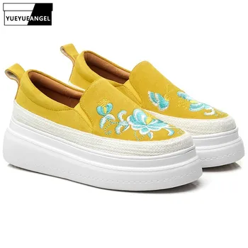 

Platform Shoes Woman Thick-Bottomed 2019 New Luxury Suede Pumps Embroider Flower Casual Loafers Yellow Black Wedge Shoes Women
